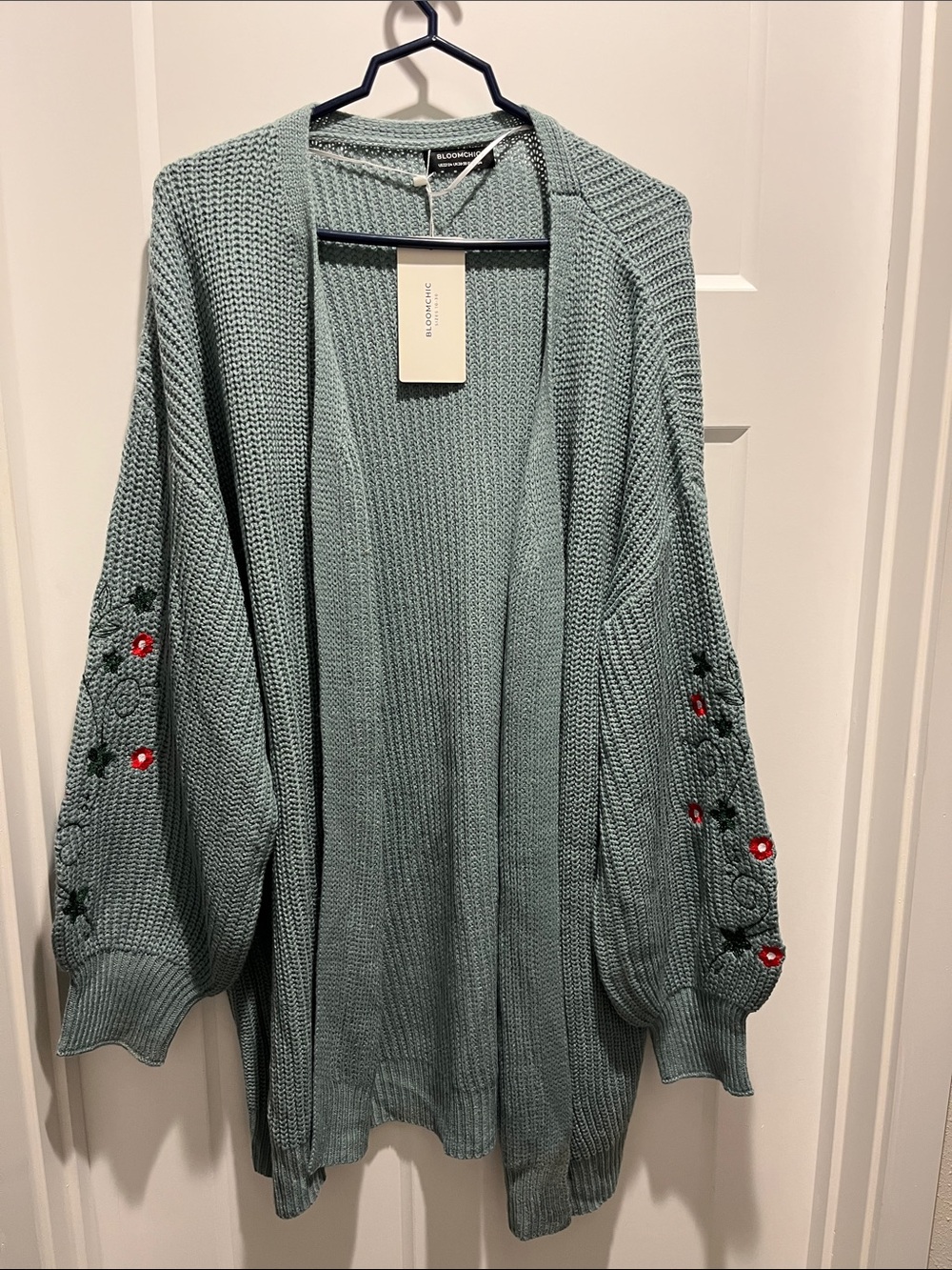 BloomChic Sage Green Open-Front Cardigan with Floral Sleeve Embroidery